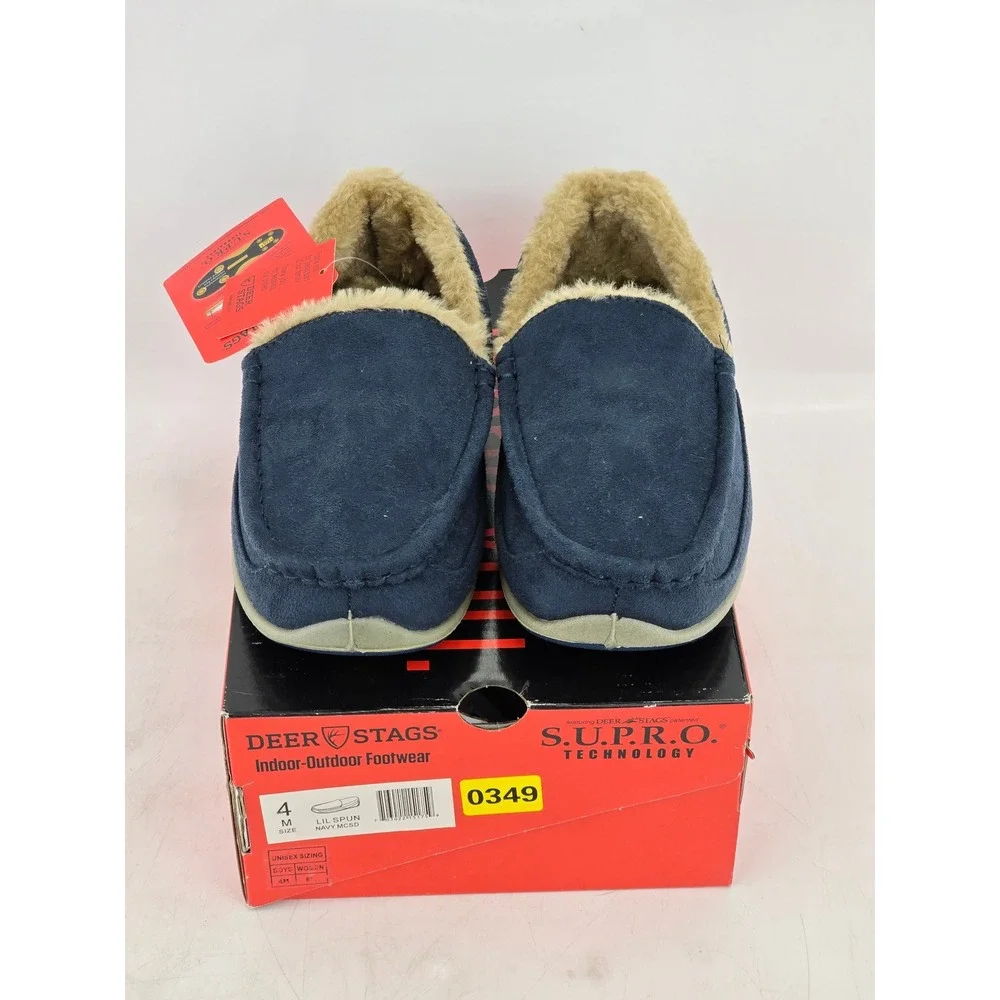 Deer Stags Lil Spun Slipperqz Boys Size 4 Navy Blue Moccasin Slippers - New